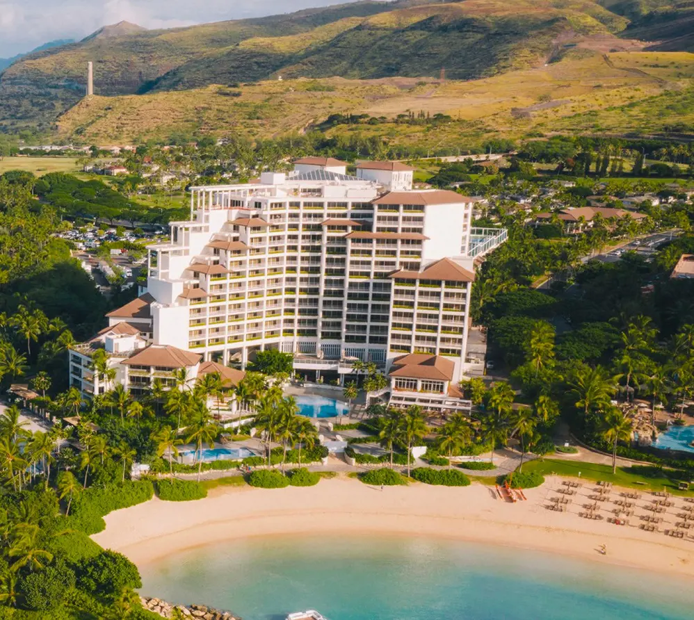 An ariel view of the Sensei Lanai, A Four Seasons Resort by the ocean captured in 2021