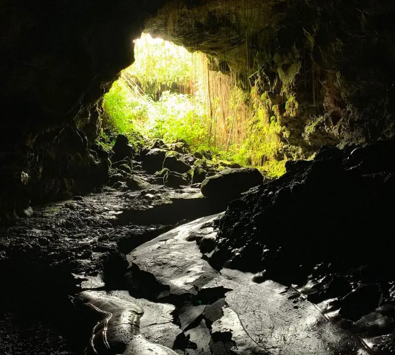 The collapsed lava tube at the Kaumana Caves and its opening