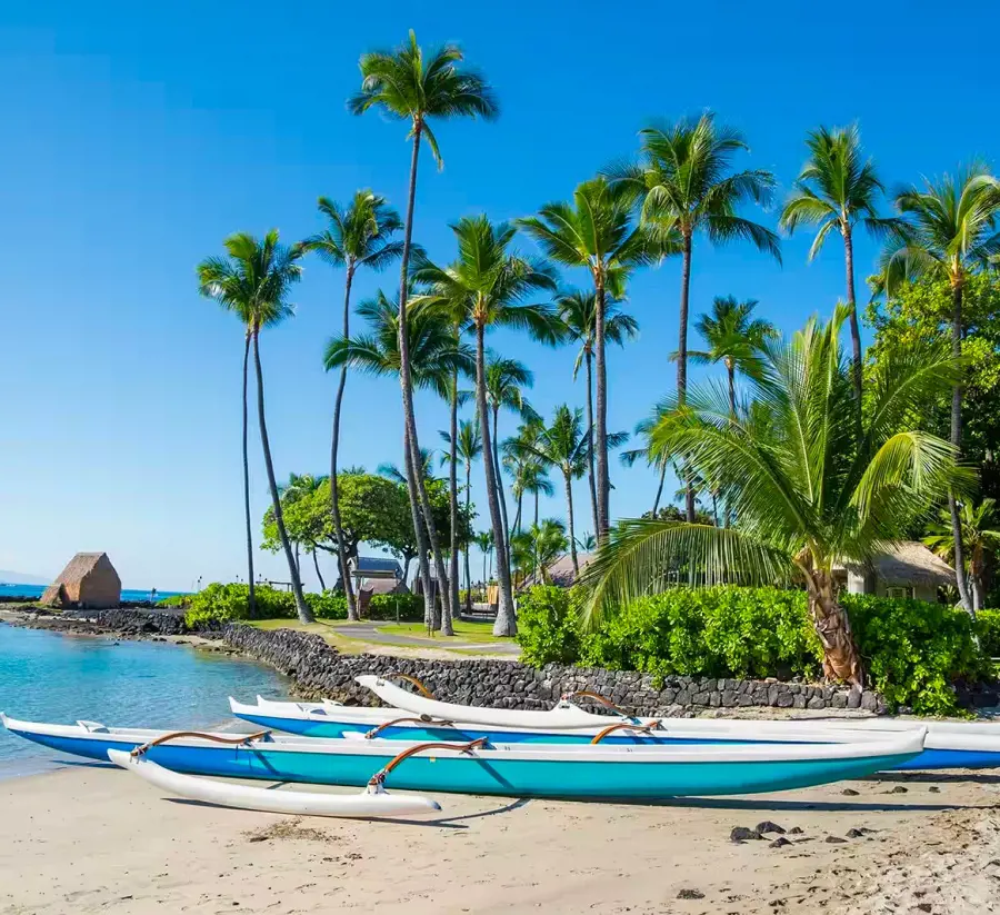 A few canoes lined up at the beach in Kailua-Kona and the beautiful greenery at the background