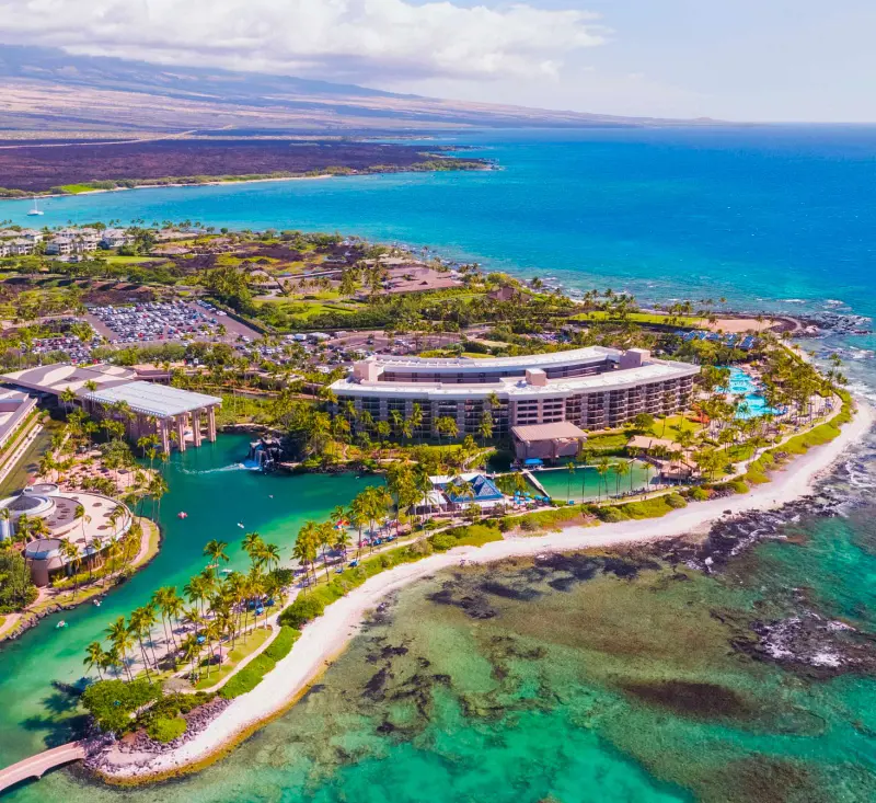 An aerial view of the beautiful premise of Hilton Waikoloa Village on the shore
