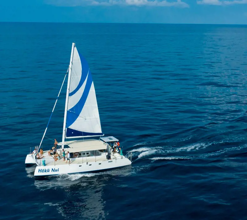 The 50-foot Catamaran named Hoku Nui sailing on the deep blue waters in Hawaii