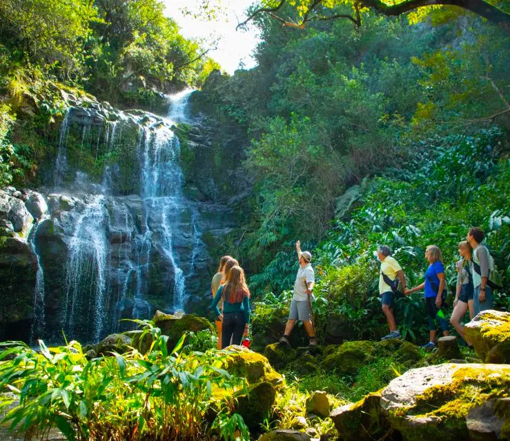 A tourist guide sharing information with the visitors by the Kohala Waterfalls