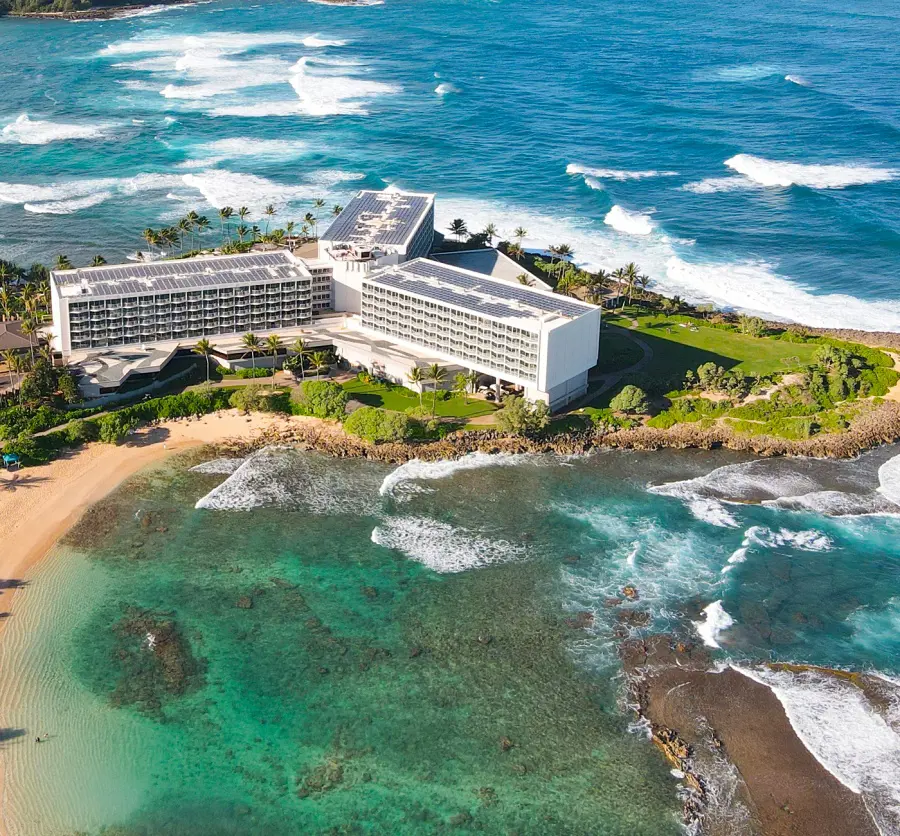 An aerial view of the Turtle Bay Resort set along the Kawela Bay
