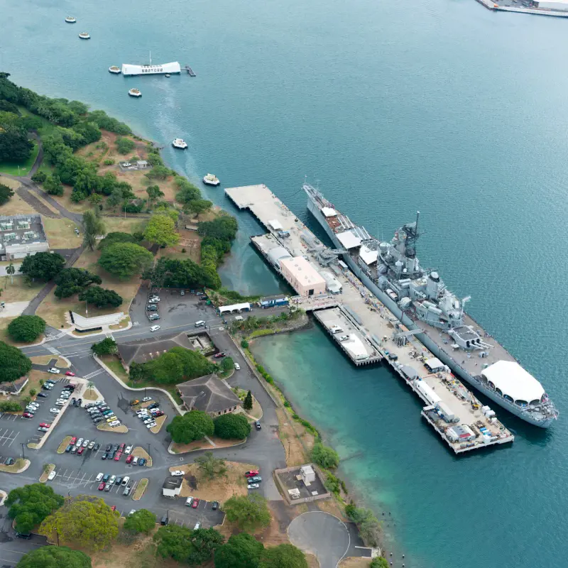 An ariel view of the Pearl Harbor National Memorial in Hawaii