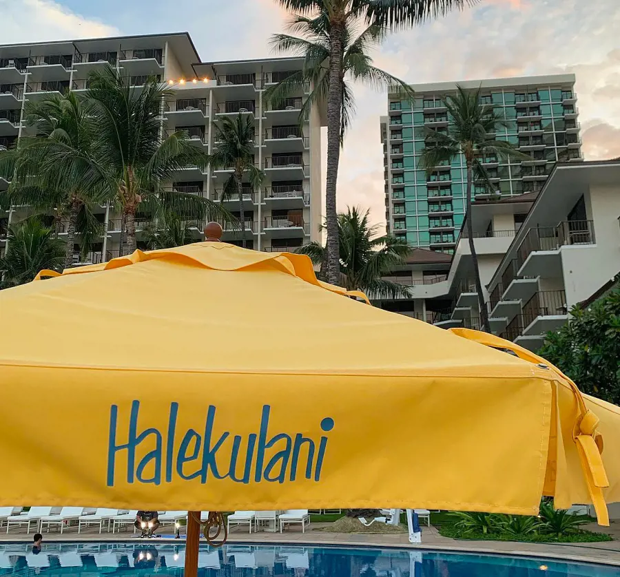 The famous yellow umbrella at the Orchid Pool at Halekulani Hotel