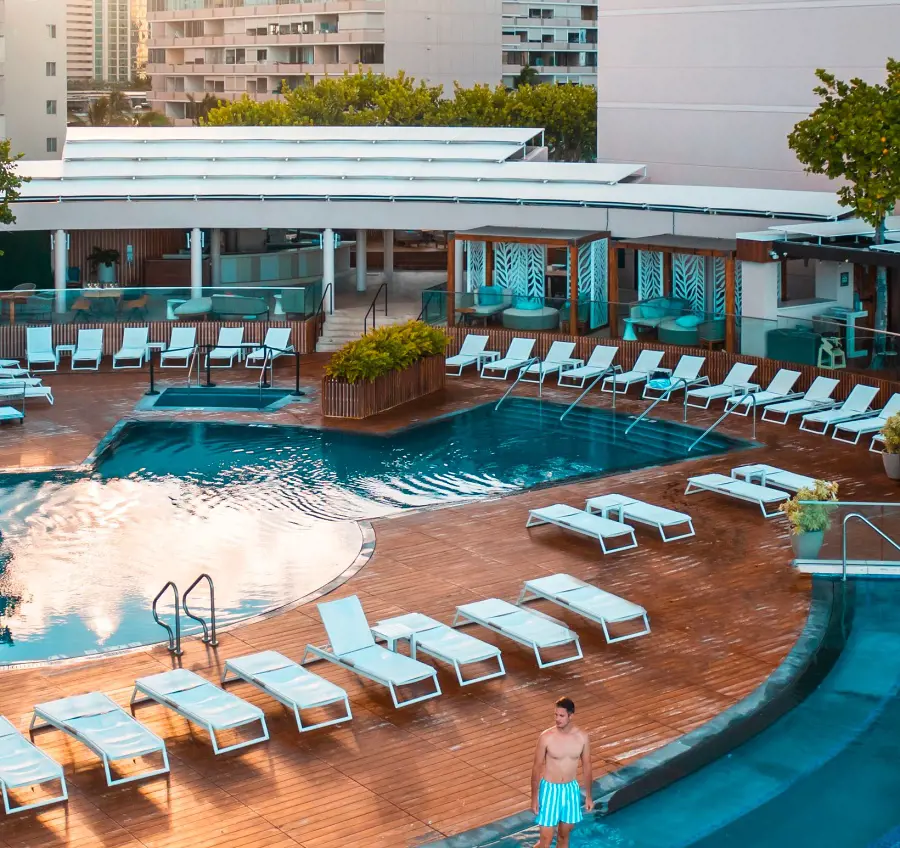 The beautifully designed outfoor pools and lounges at Prince Waikiki