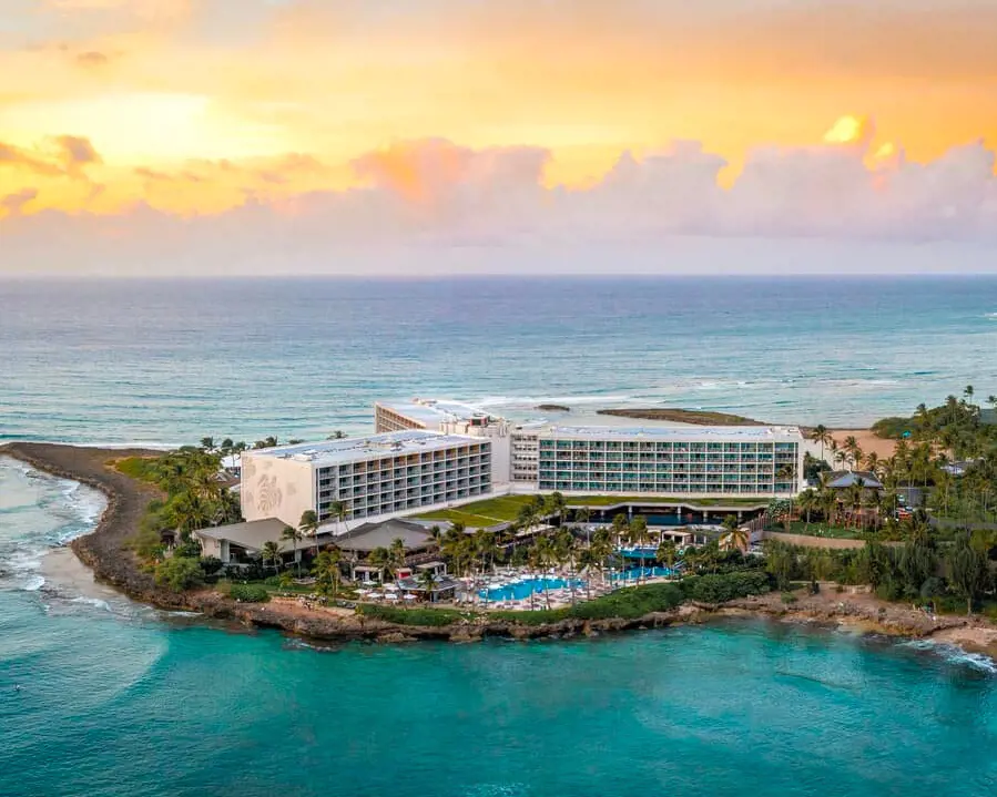 The aerial view of the Turtle Bay Resort with its outdoor pool