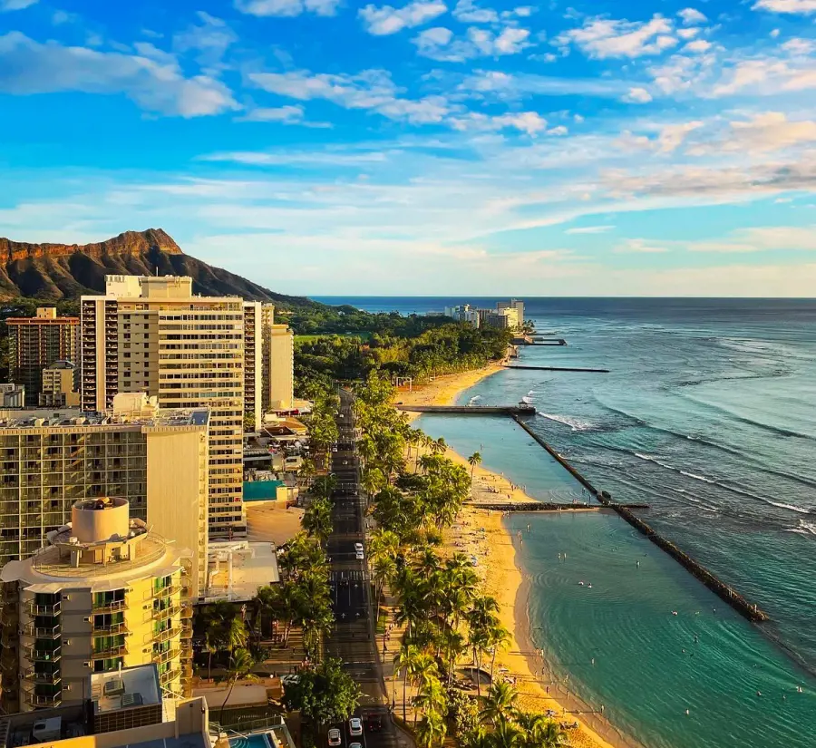 An aerial view of the Hyatt Regency Waikiki Beach Resort & Spa along the Pacific shore