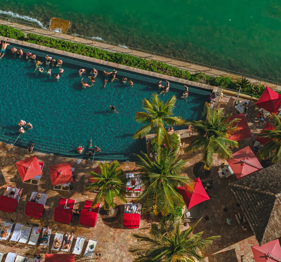The aerial view of the oceanfront Edge Infinity Pool at Sheraton Waikiki