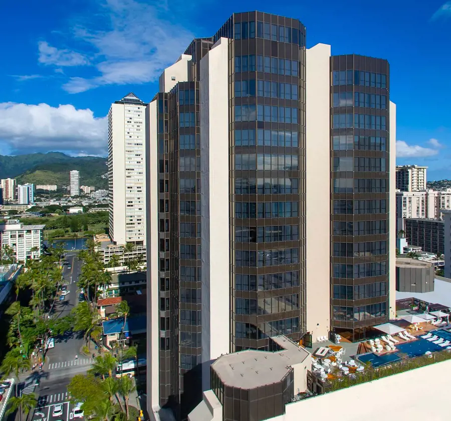 The unique dark theme building of Hyatt Centric Waikiki Beach