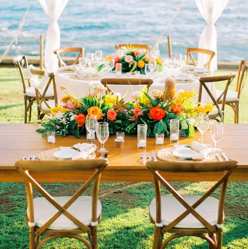 Well decorated and beautifully set up tables at Beach House Restaurants Kauai with an amazing ocean view