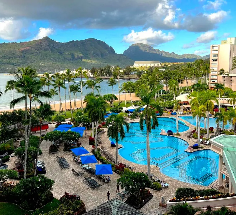 An ariel view of the outdoor pool and overall view of Royal Sonesta Kauai Resort