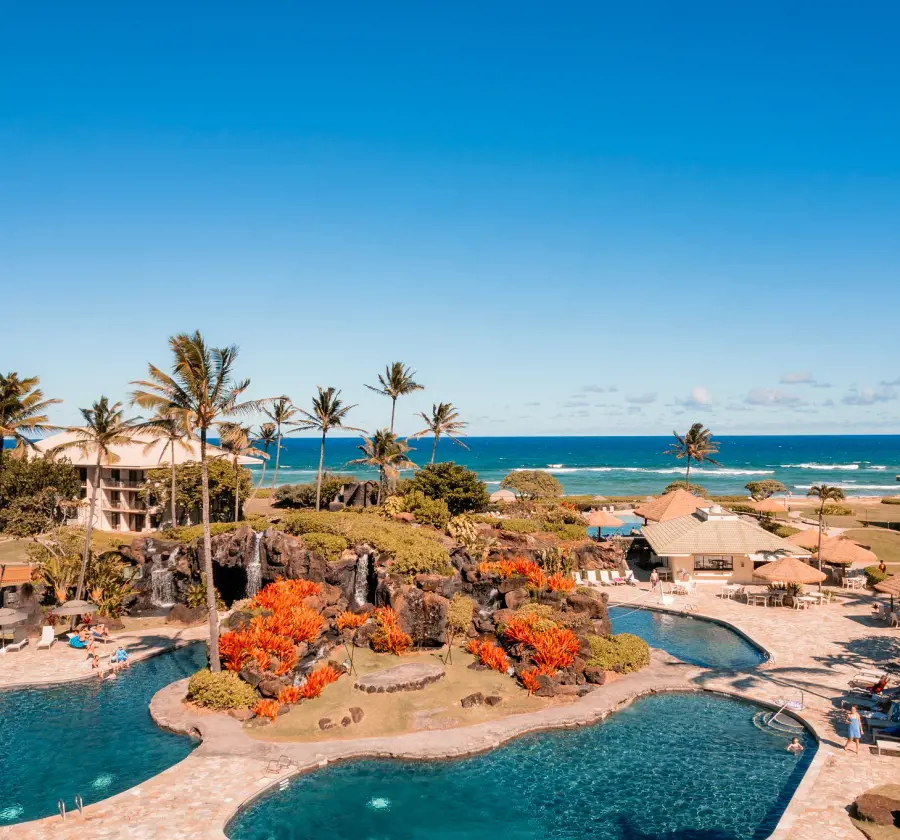 A panoramic view of the premise of Kauai Beach Resort & Spa