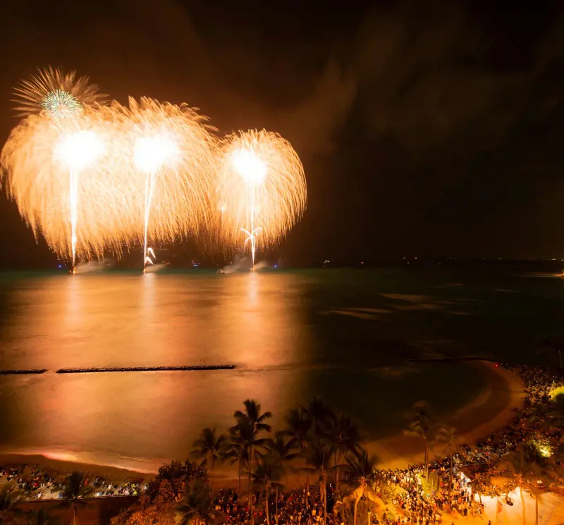 The amazing fireworks seen from the Kalakaua Avenue during Honolulu Festival in 2023