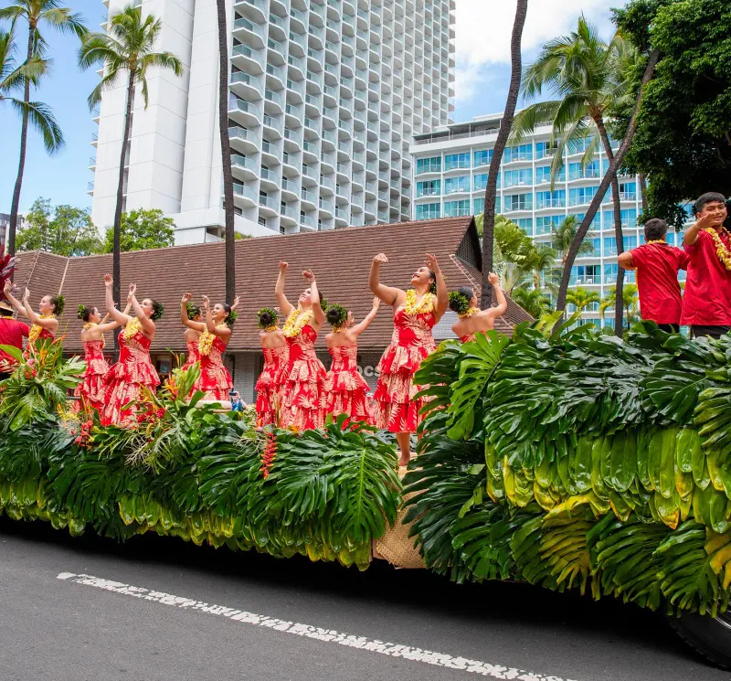 People celebrating the Aloha Festivals in Oahu, Hawaii in 2022
