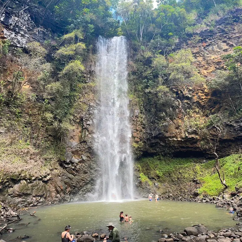 Hikers enjoy swimming at the base of the Secret Waterfall in Kauai