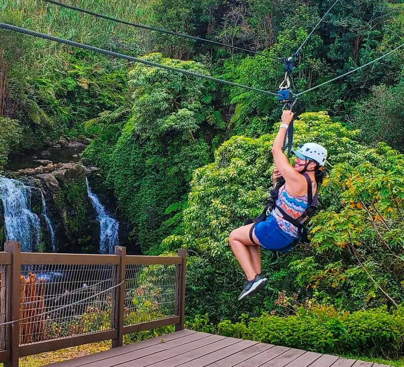 The zipline in the lush rainforest and waterfalls in Big Island, Hawaii